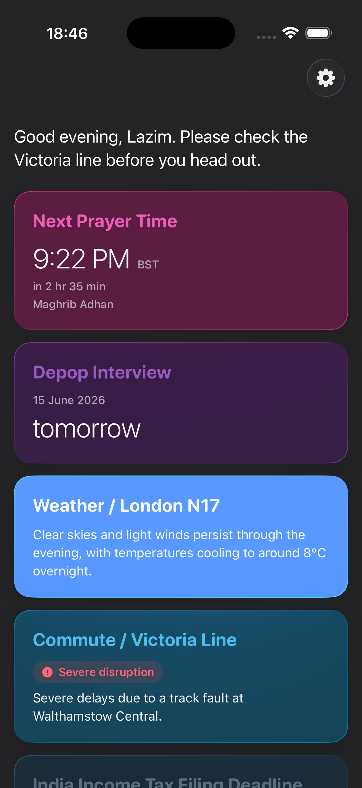 Dozen on iPhone showing a personal greeting and living cards for prayer time, an interview, London weather, and the Victoria line