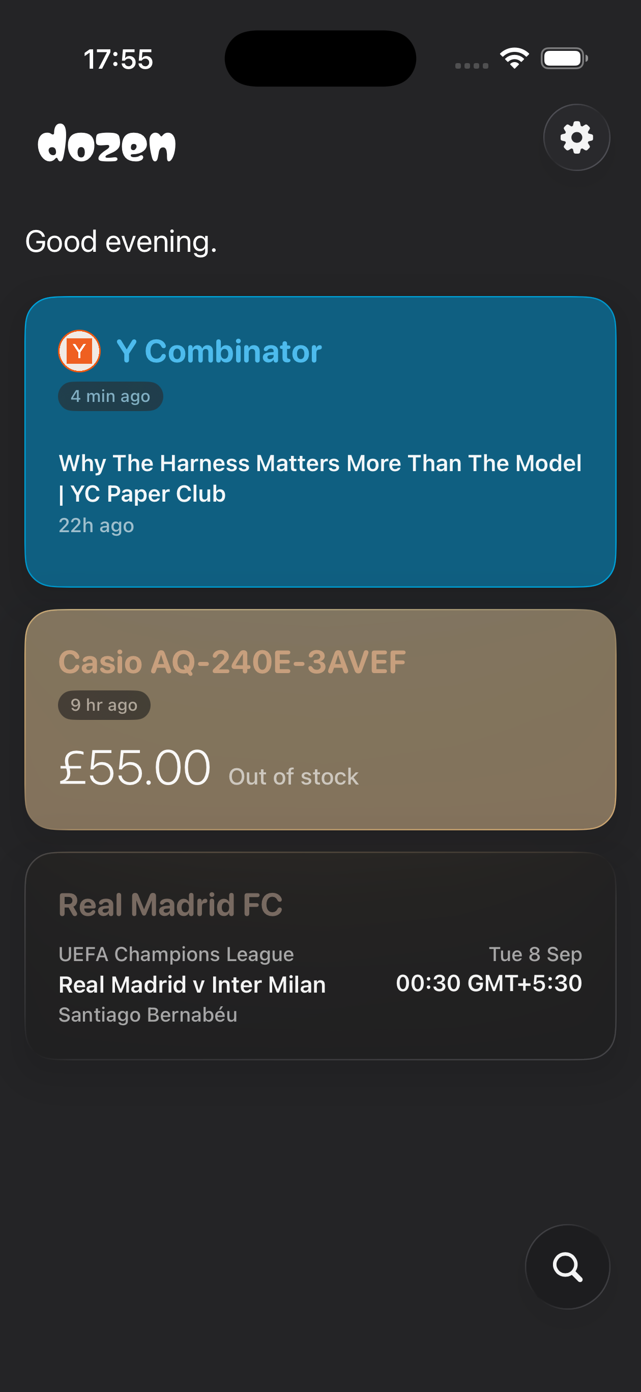 Dozen on iPhone showing example cards user has subscribed to